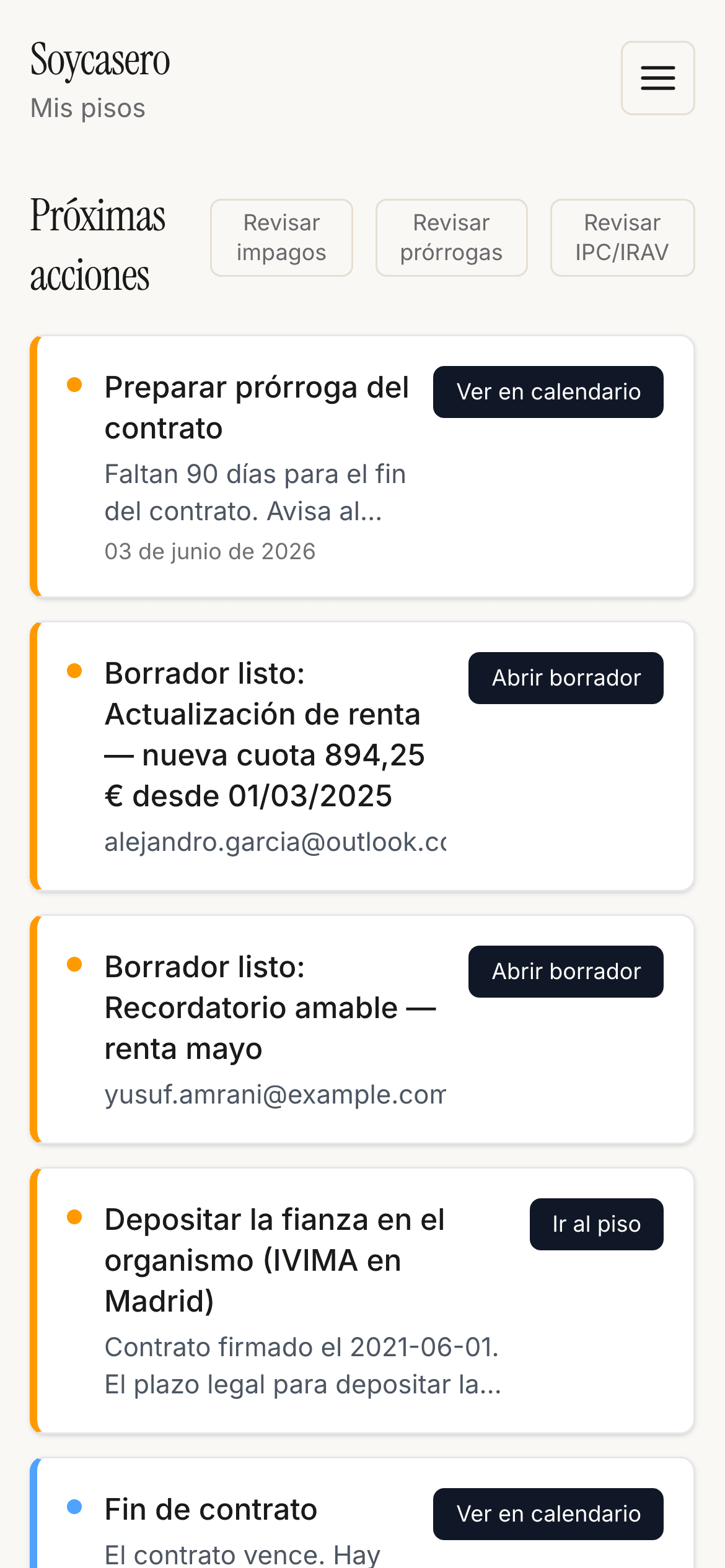 Panel de Soycasero en pantalla de móvil