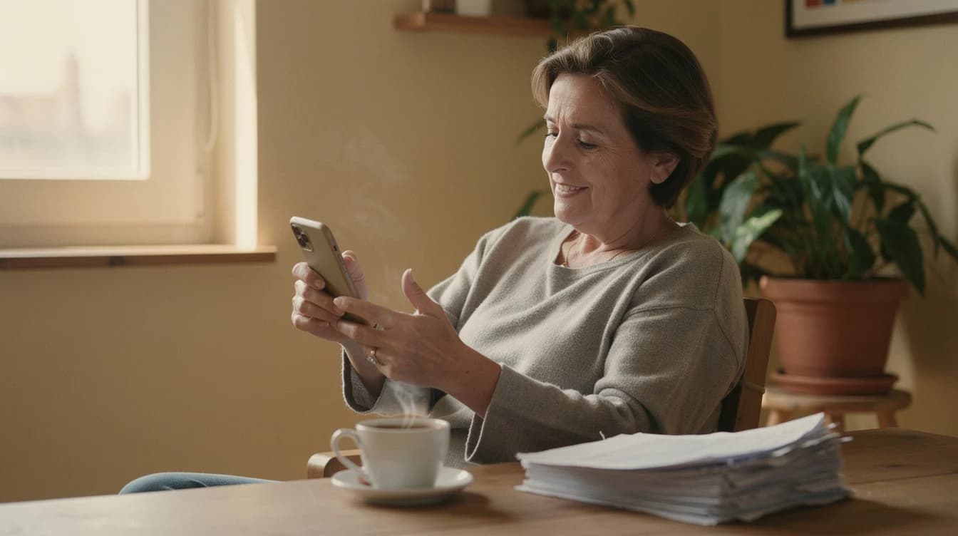 Propietaria en la mesa de casa mirando el móvil, con los papeles de sus alquileres al lado