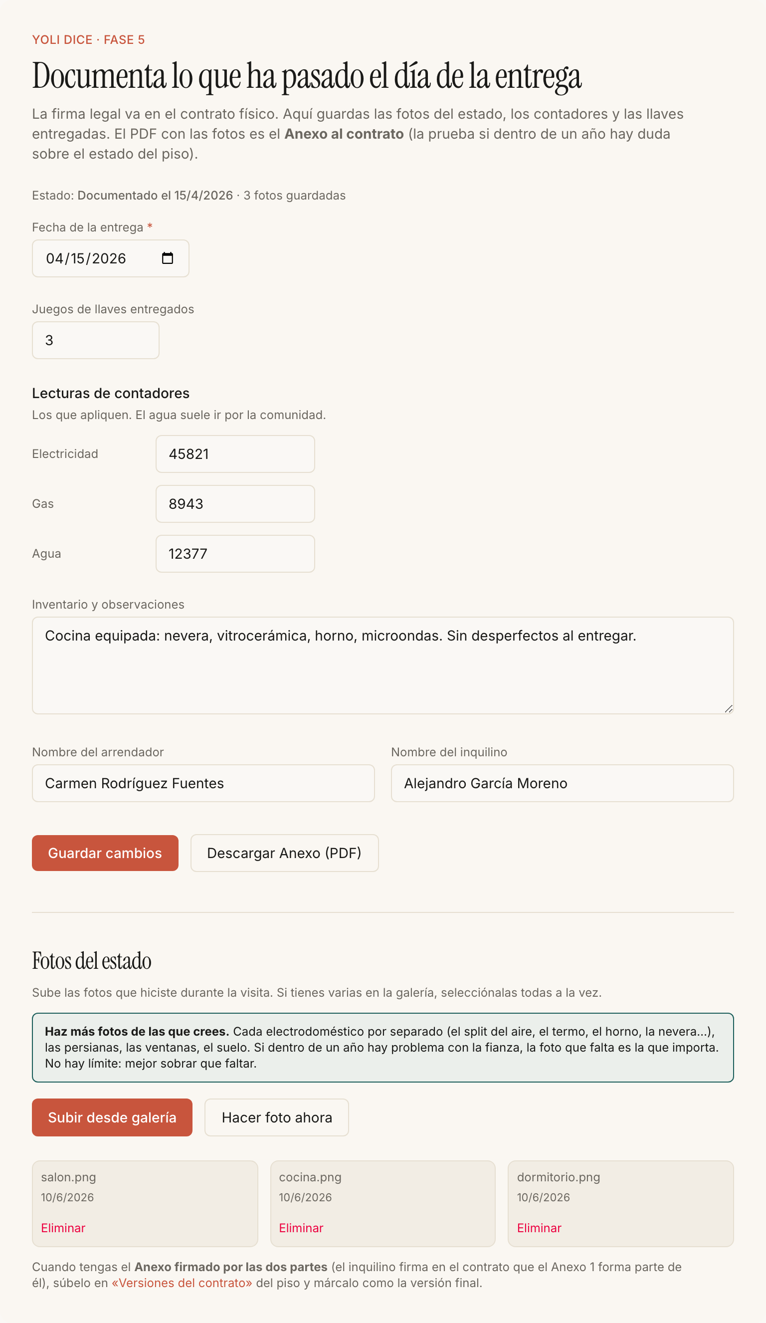 Acta de entrega de llaves con lecturas de contadores, inventario y fotos