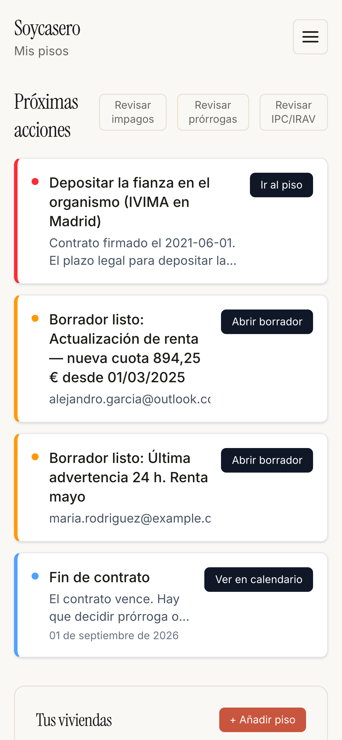 Panel de Soycasero en pantalla de móvil