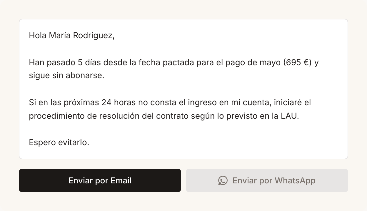Aviso de impago con email preparado y botón de WhatsApp