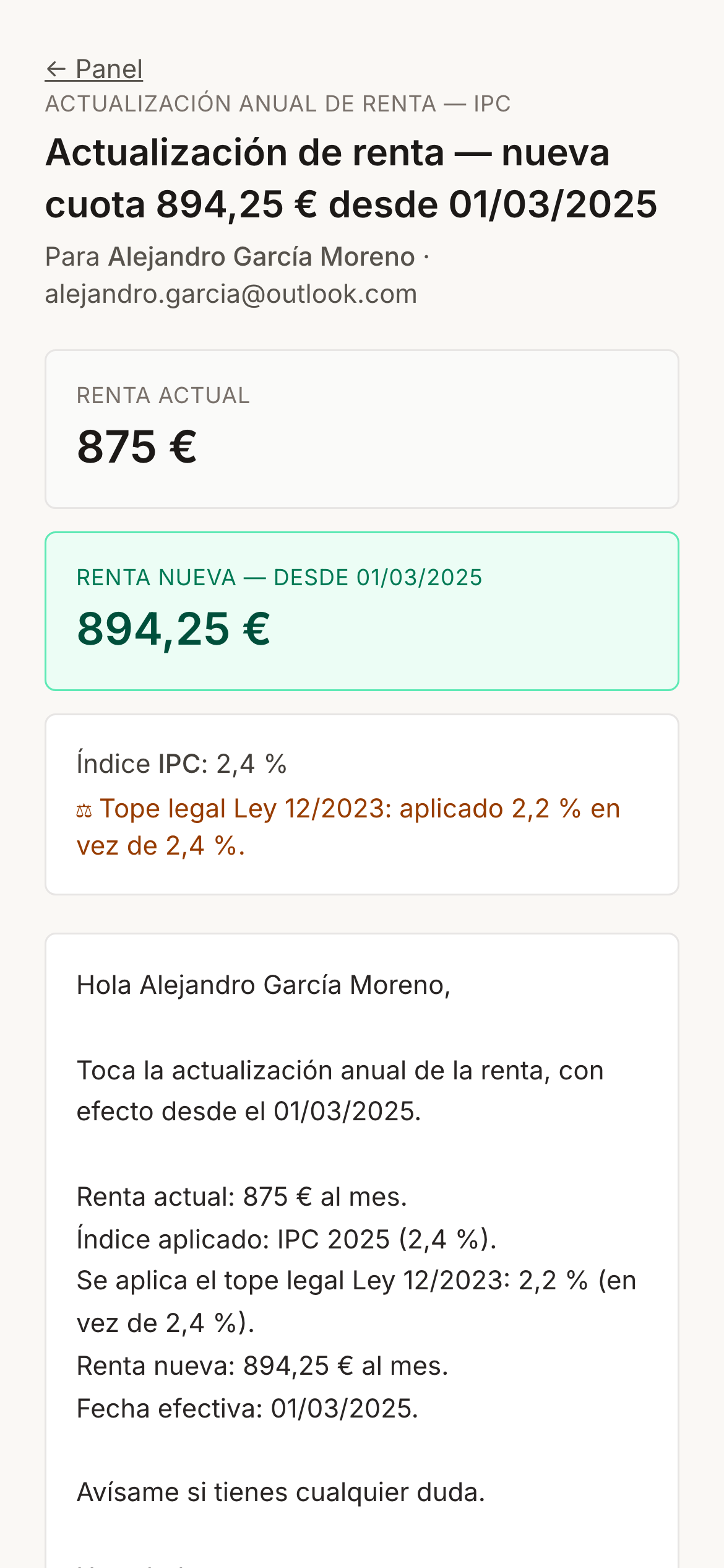 Actualización de renta en móvil con tope legal aplicado
